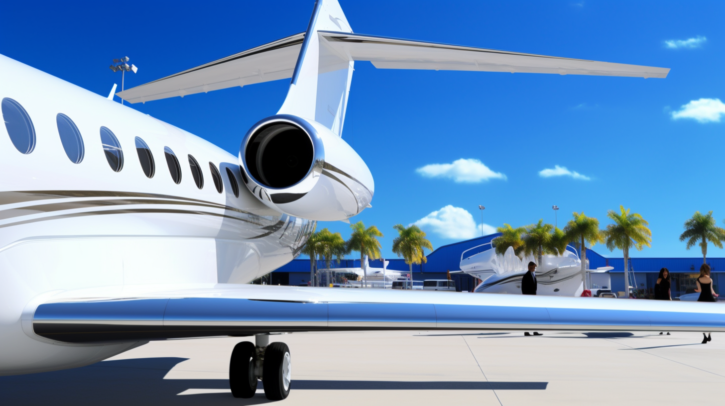 Private jet expo on the tarmac in Palm Beach — Ocean Digital Arts Florida HQ atmosphere