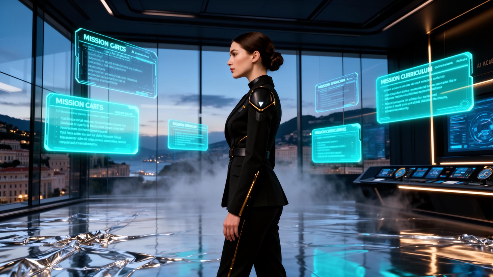 Cadet operator inside the AI Academy mission deck reviewing holographic curriculum