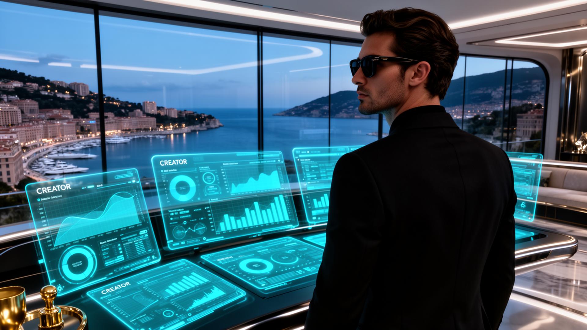 Operator overlooking holographic creator revenue dashboards above the Monaco harbor