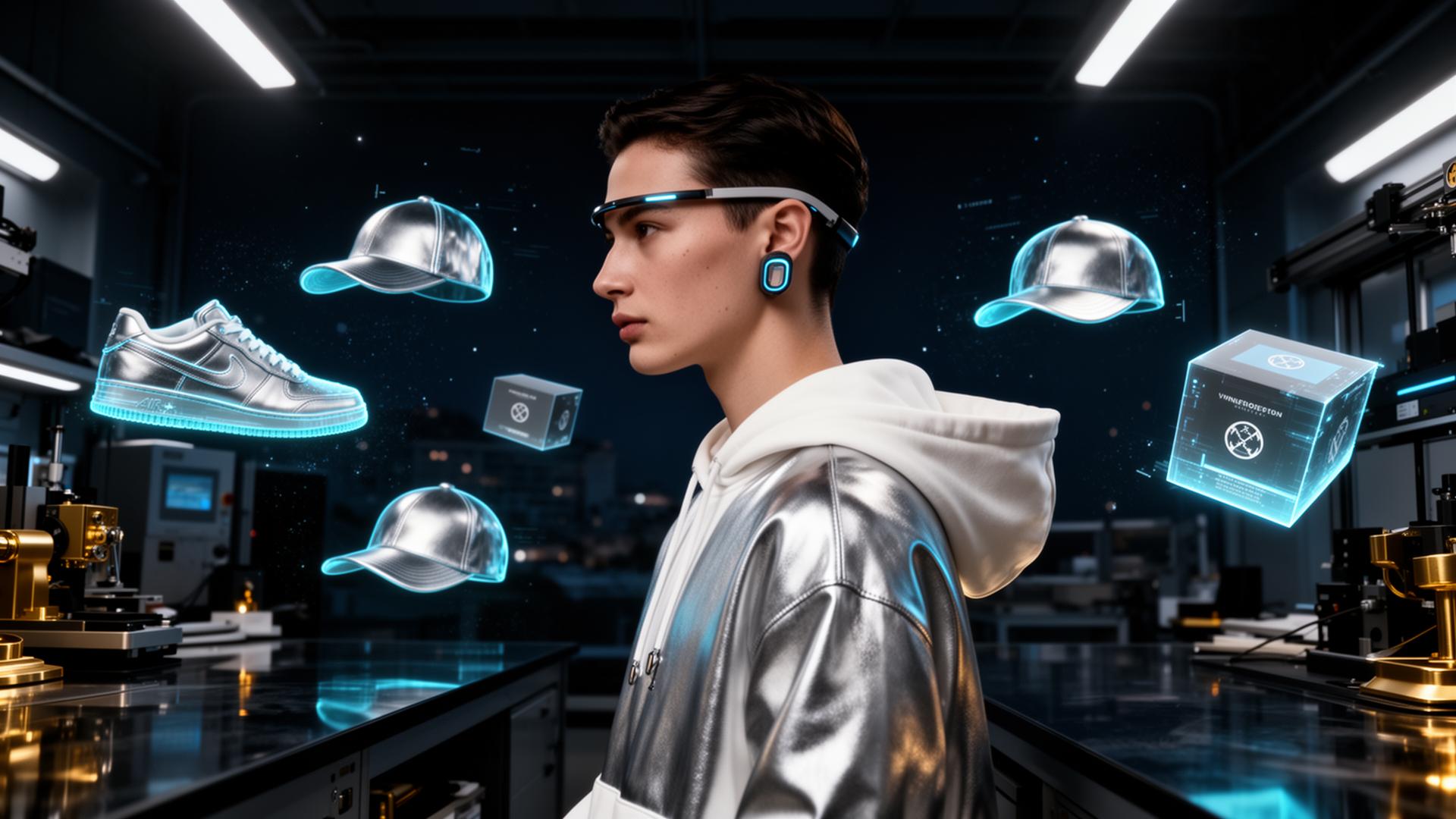 Designer inside the AI Merch Design Laboratory with floating product mockups