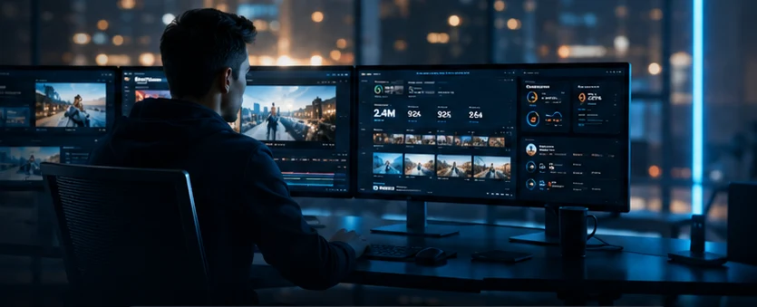 Operator at multi-monitor command desk reviewing cinematic media operations